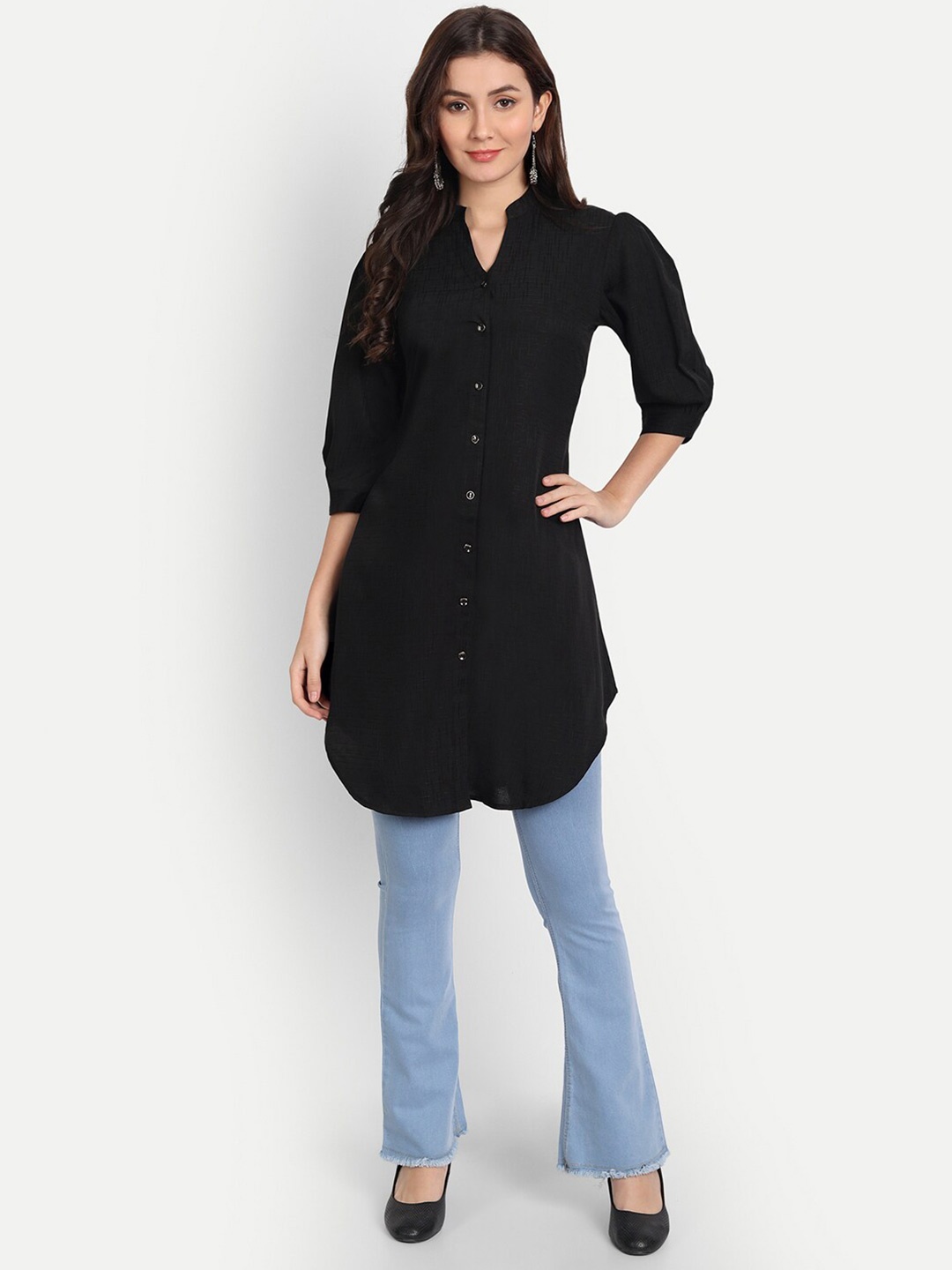 

BAESD Self Design Mandarin Collar Puff Sleeves Tunic, Black