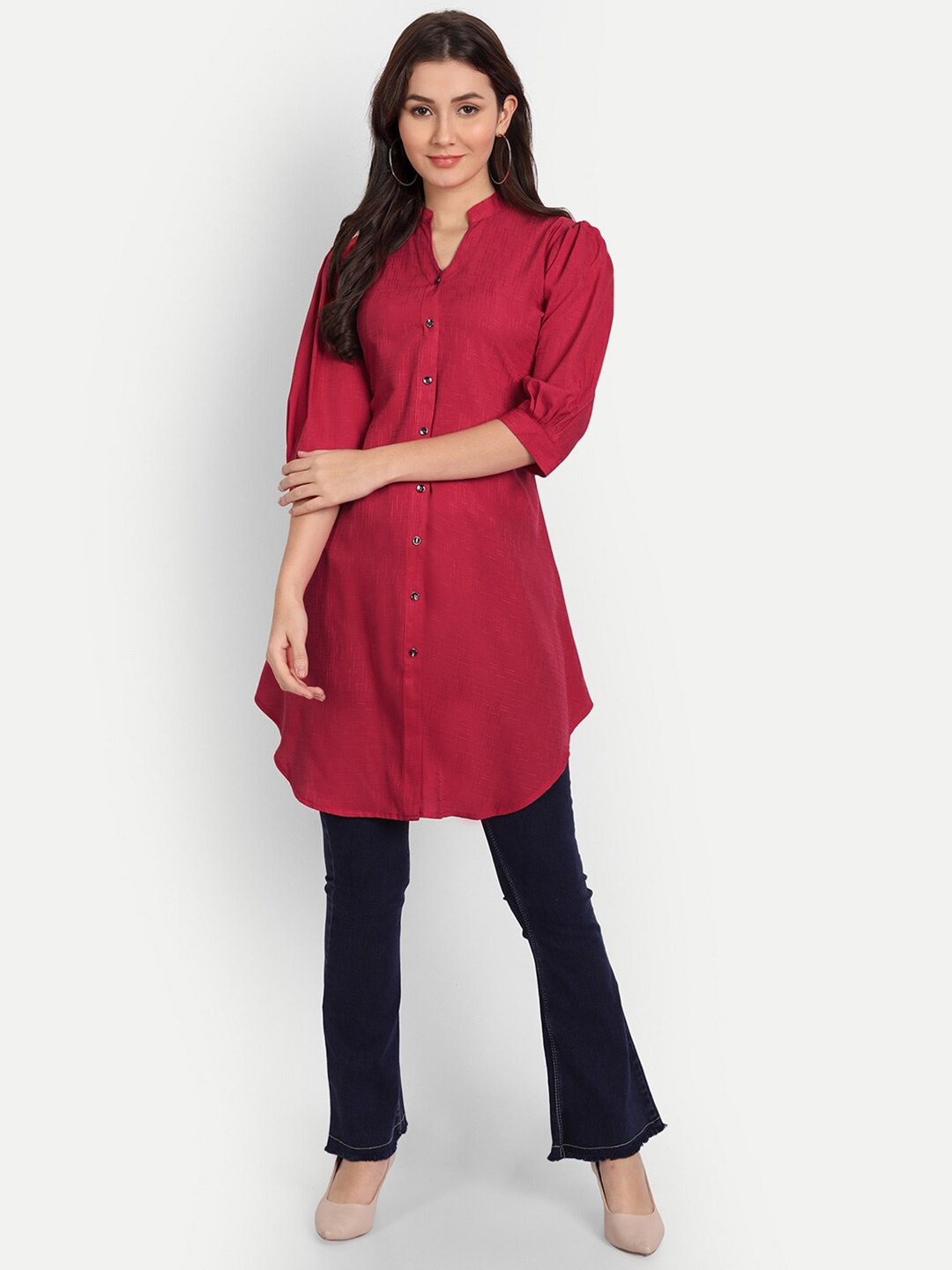 

BAESD Self Design Mandarin Collar Puff Sleeves Tunic, Red