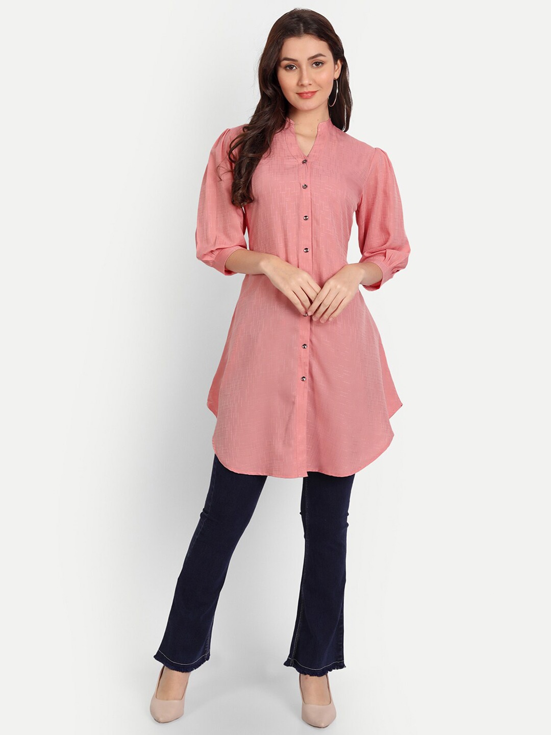 

BAESD Self Design Mandarin Collar Puff Sleeves Tunic, Pink