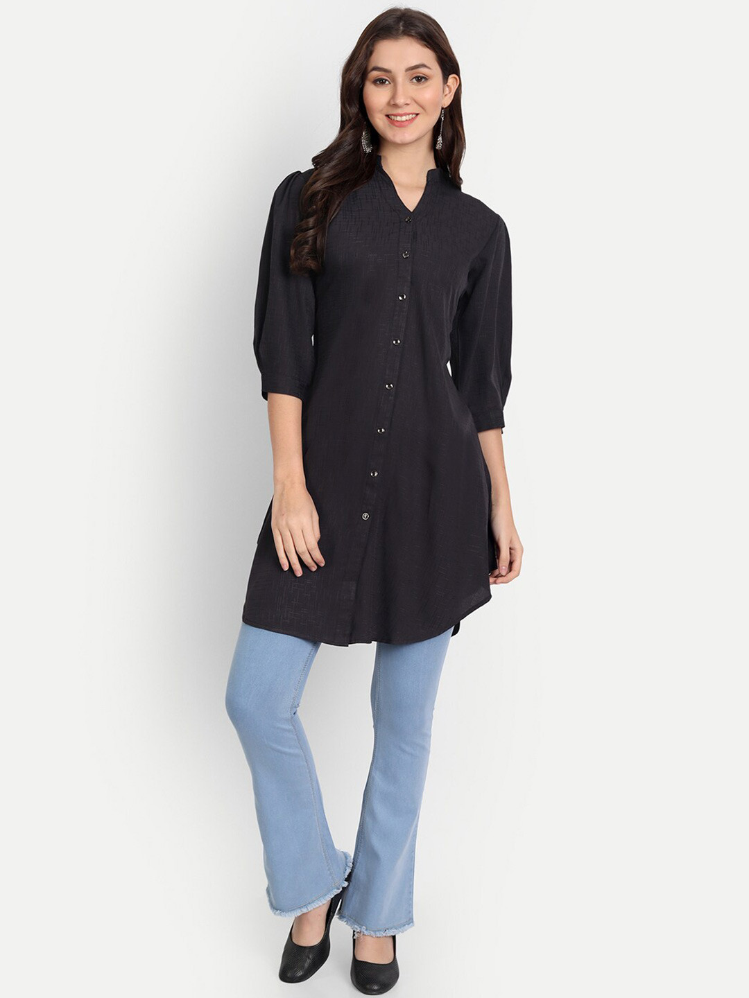 

BAESD Self Design Mandarin Collar Puff Sleeves Tunic, Black