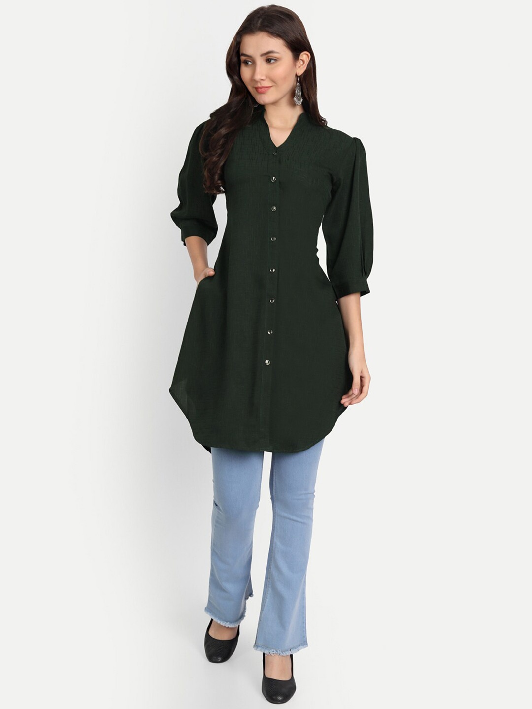 

BAESD Self Design Mandarin Collar Puff Sleeves Tunic, Green