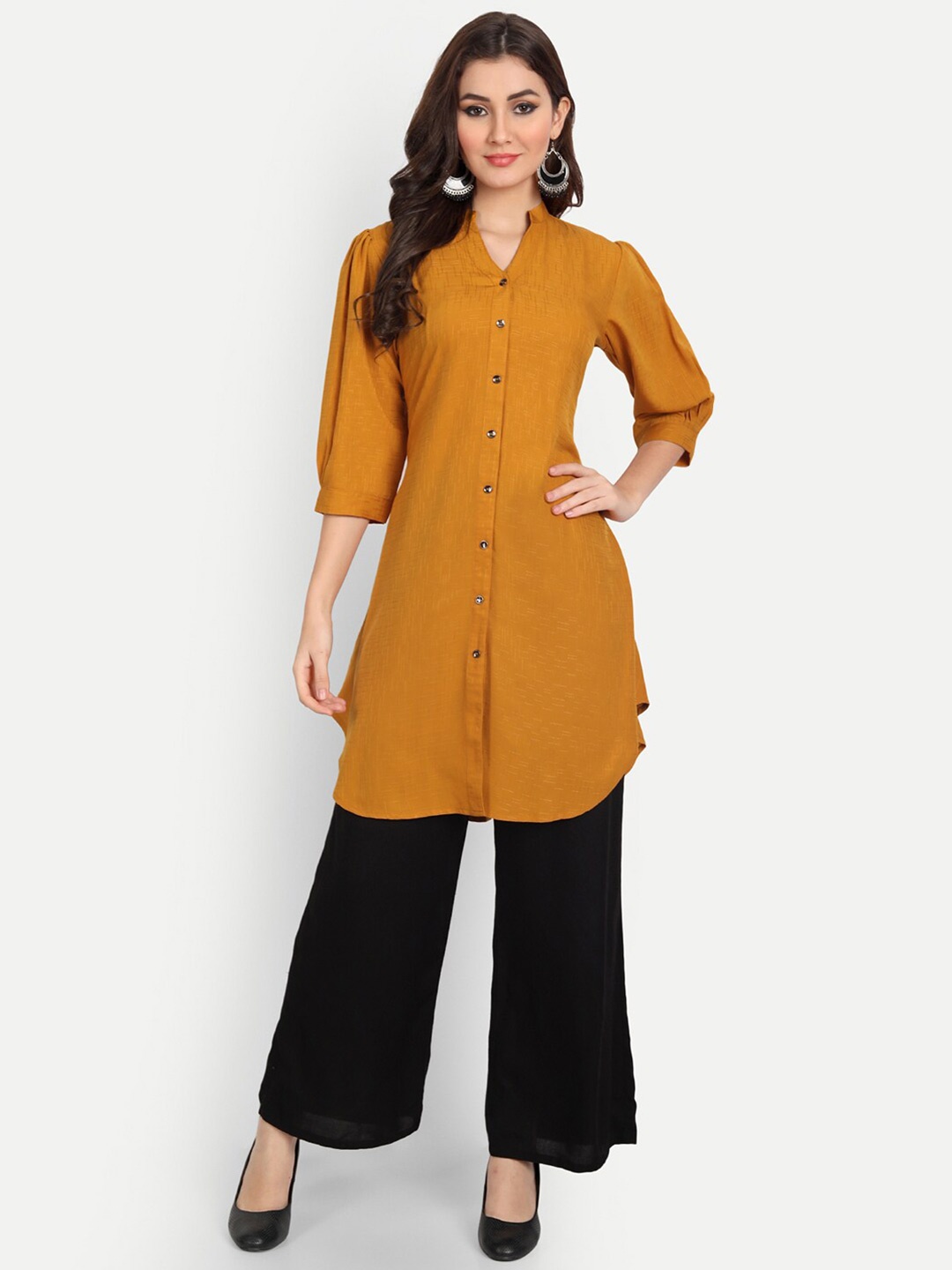 

BAESD Self Design Mandarin Collar Puff Sleeves Tunic, Mustard