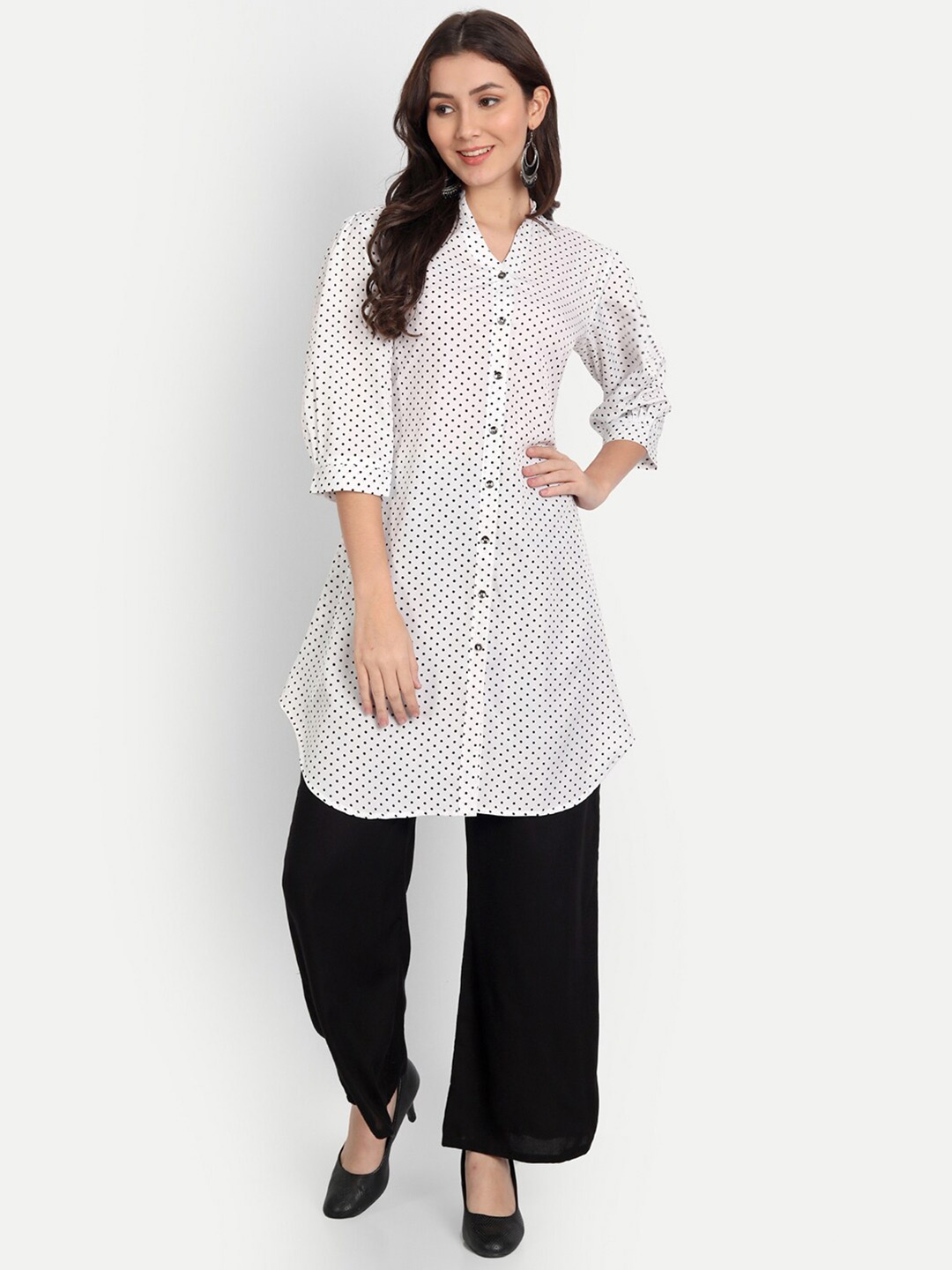 

BAESD Polka Dot Printed Mandarin Collar Tunic, White