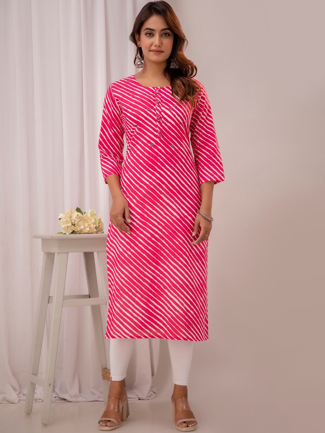 

Readiprint Leheriya Printed Cotton Straight Kurta, Pink