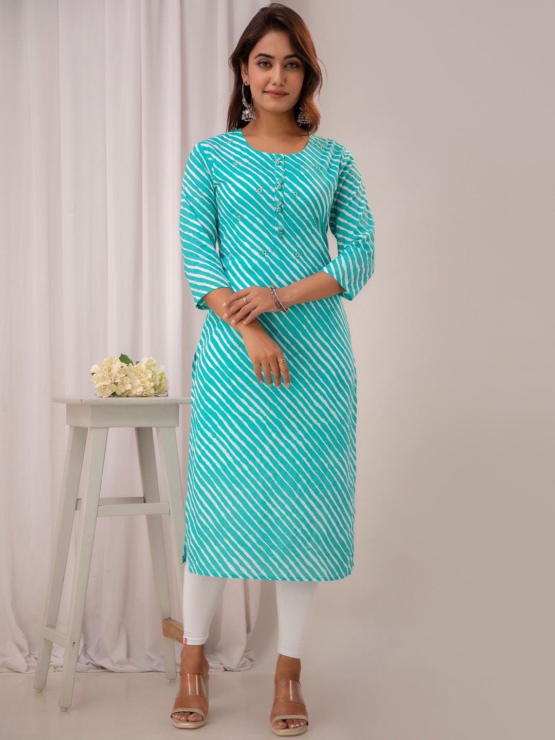 

Readiprint Leheriya Printed Cotton Straight Kurta, Sea green