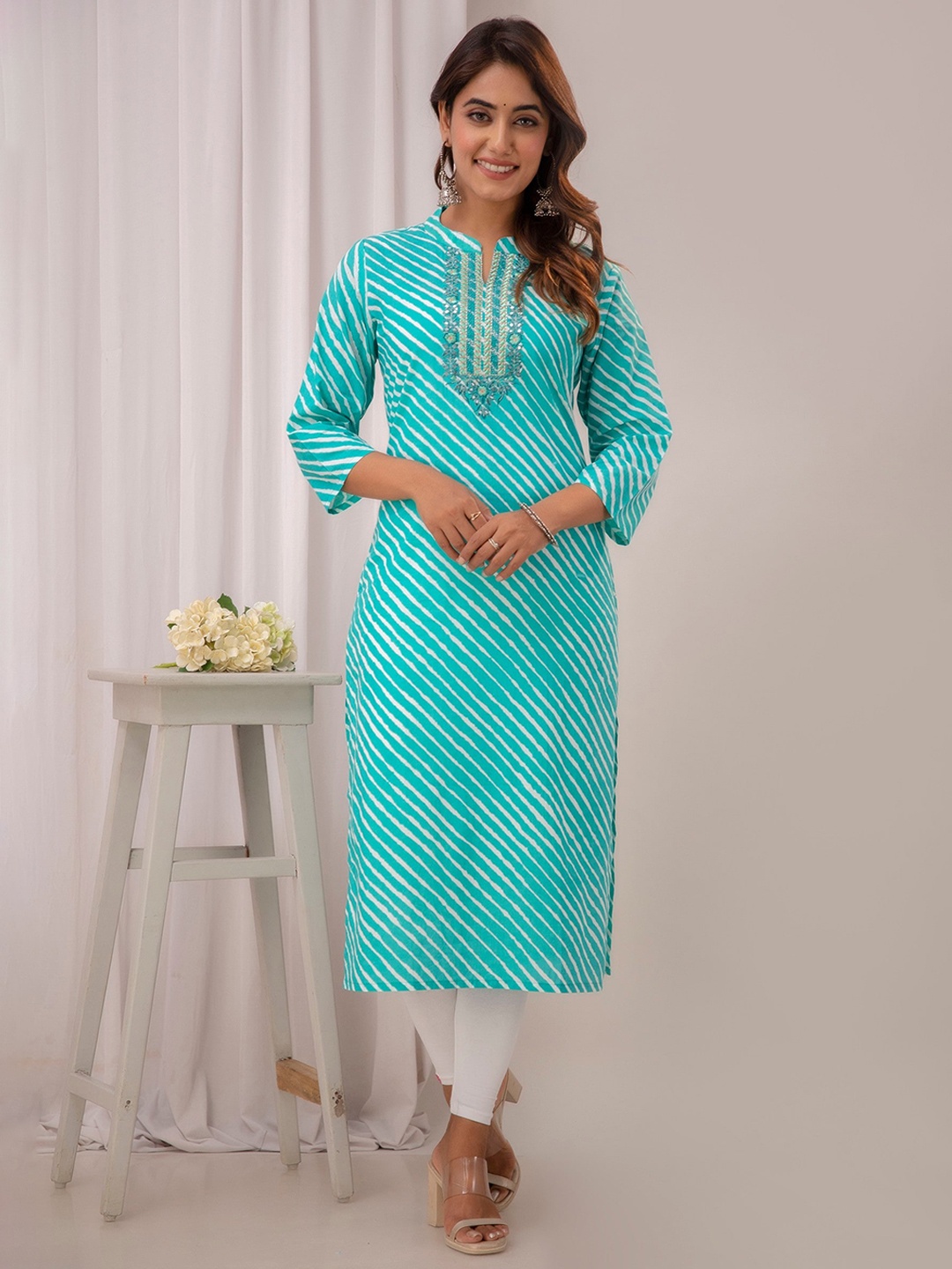 Readiprint Leheriya Printed Cotton Straight Kurta, Sea green