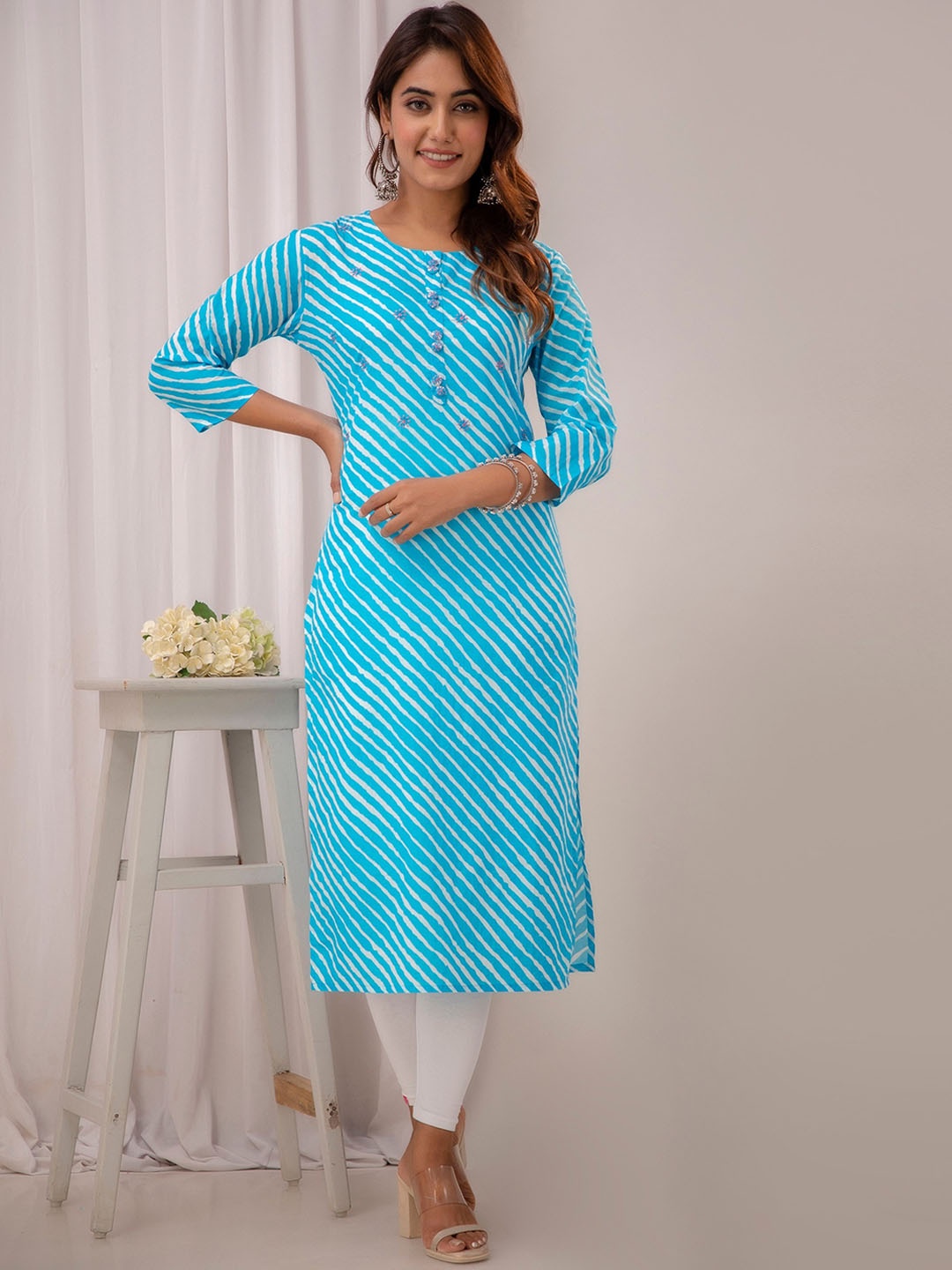 

Readiprint Leheriya Printed Cotton Straight Kurta, Turquoise blue