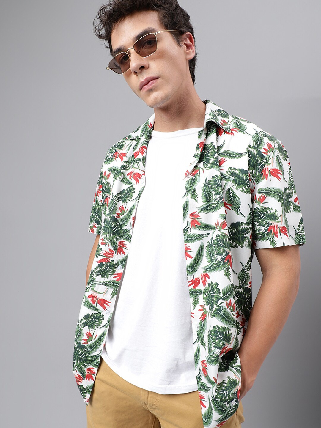 Hancock Floral Printed Relaxed Fit Casual Resort Shirt, Green