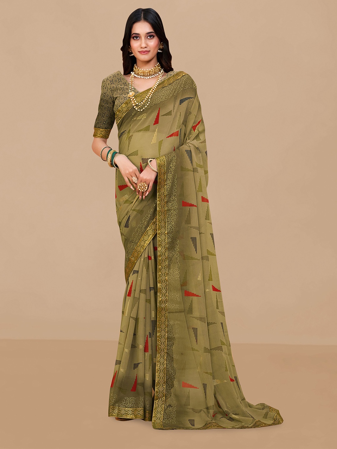 

Dori Geometric Printed Zari Pure Chiffon Saree, Green