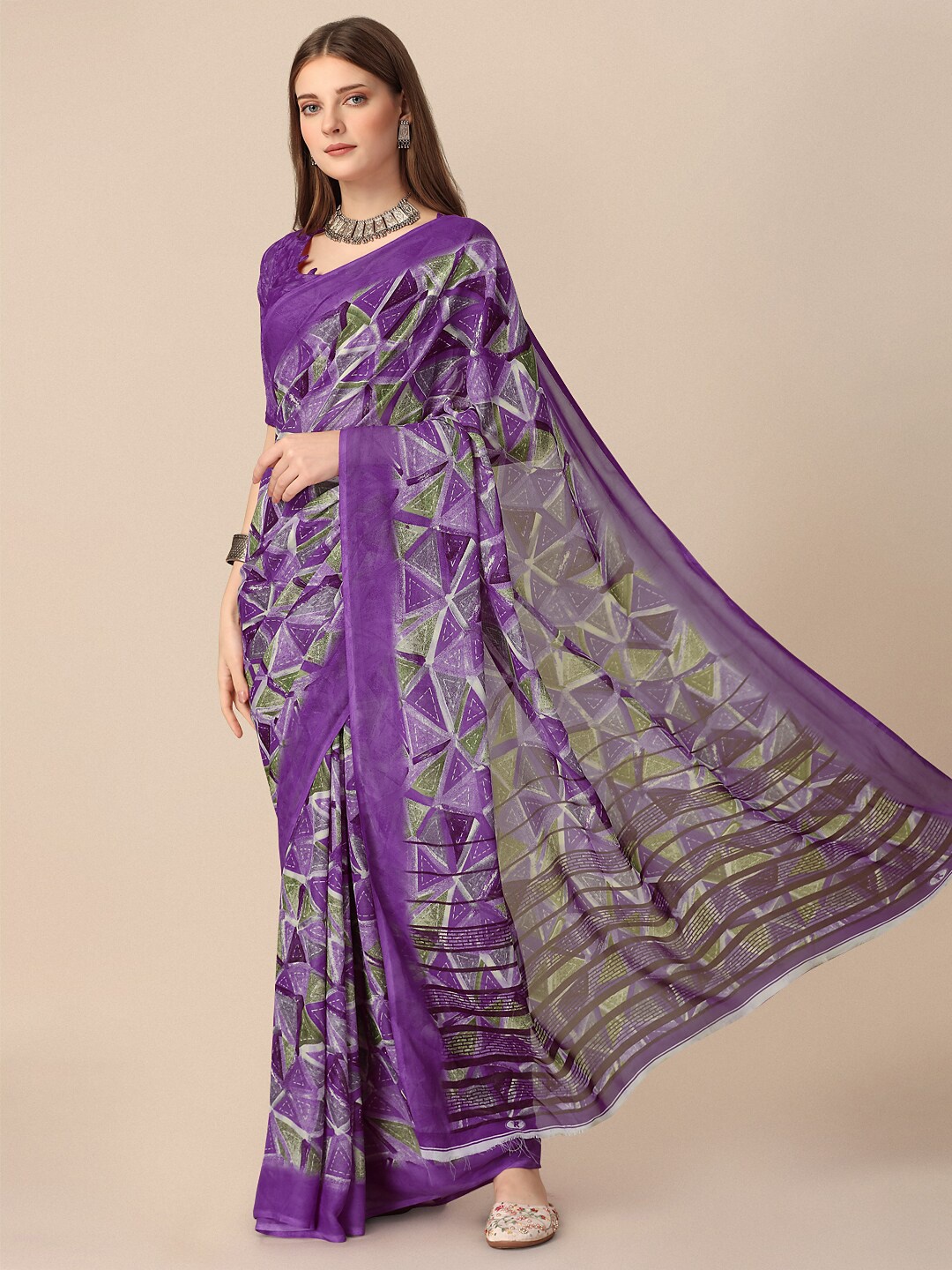 

Dori Geometric Printed Pure Georgette Saree, Purple