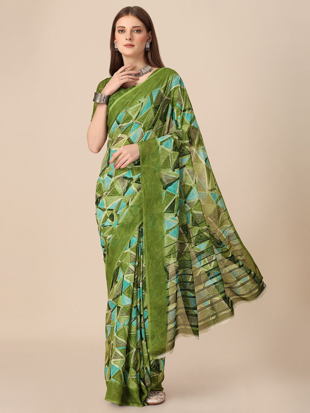 

Dori Geometric Printed Pure Georgette Saree, Green