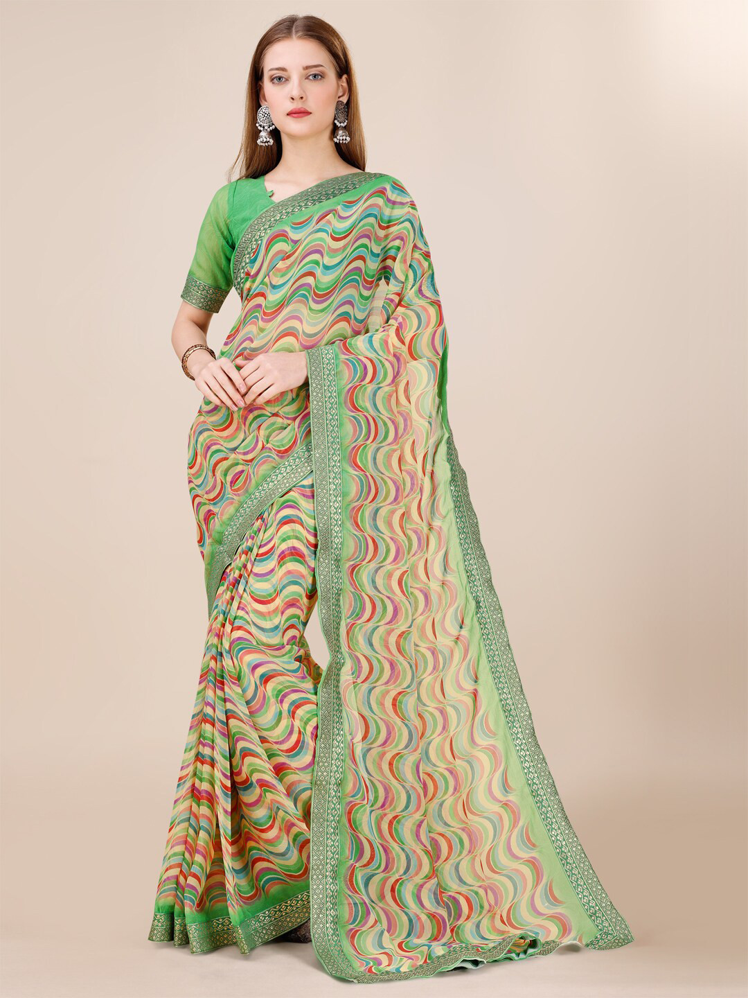 

Dori Abstract Printed Zari Pure Chiffon Saree, Green