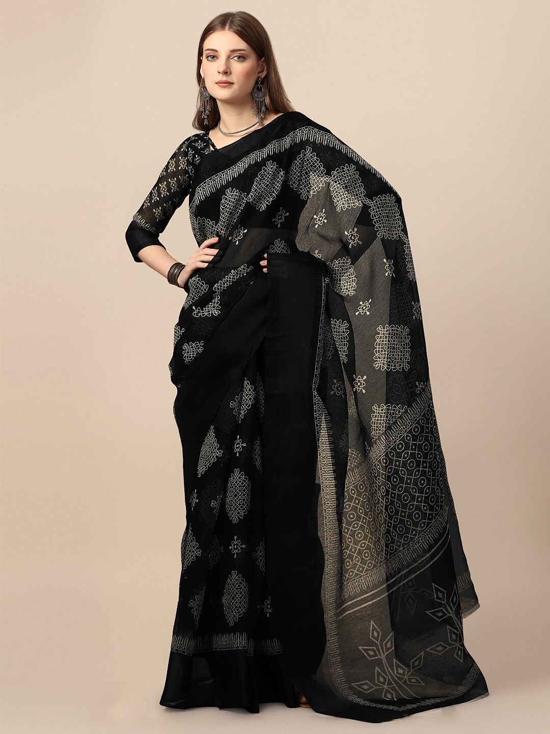 

Dori Ethnic Motifs Printed Silk Cotton Saree, Black