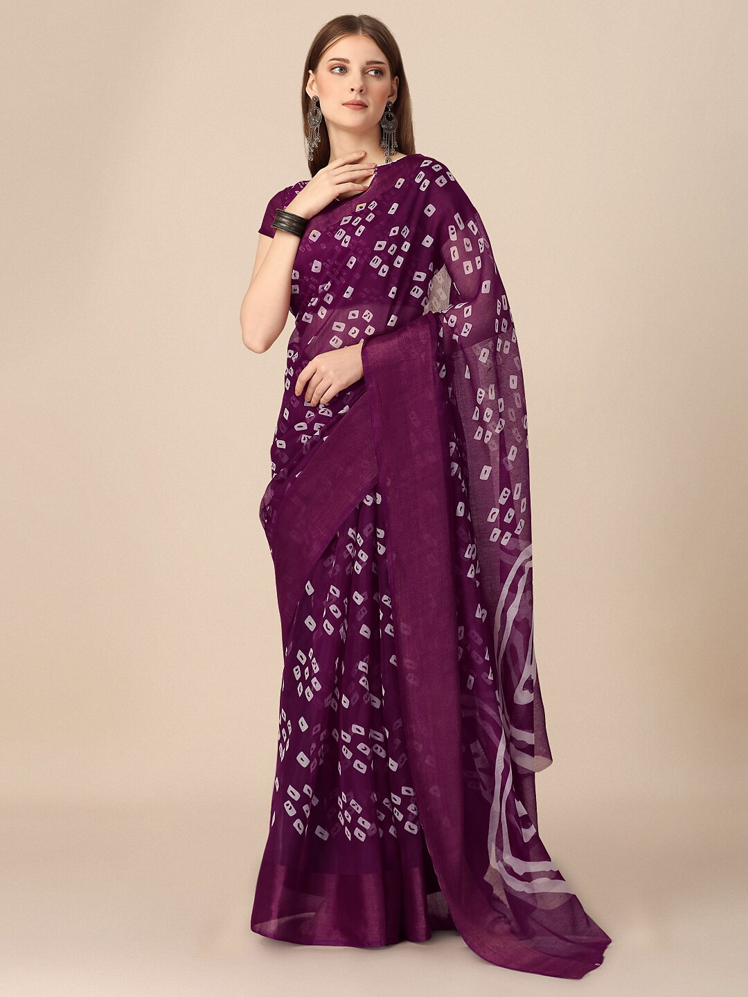 Dori Bandhani Printed Silk Cotton Saree, Violet
