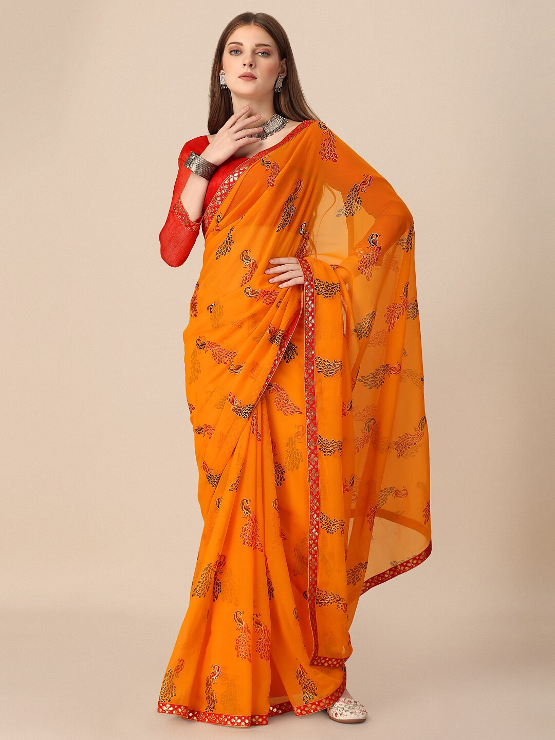 

Dori Ethnic Motifs Printed Mirror Work Pure Chiffon Saree, Yellow