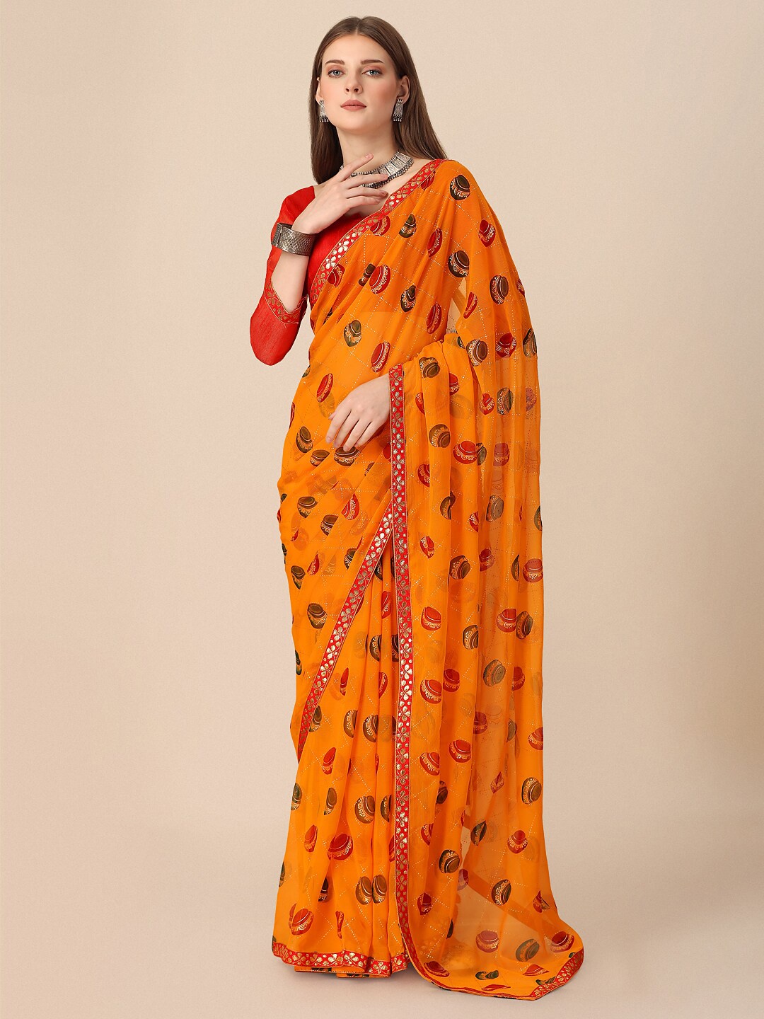 

Dori Ethnic Motifs Printed Mirror Work Pure Chiffon Saree, Yellow