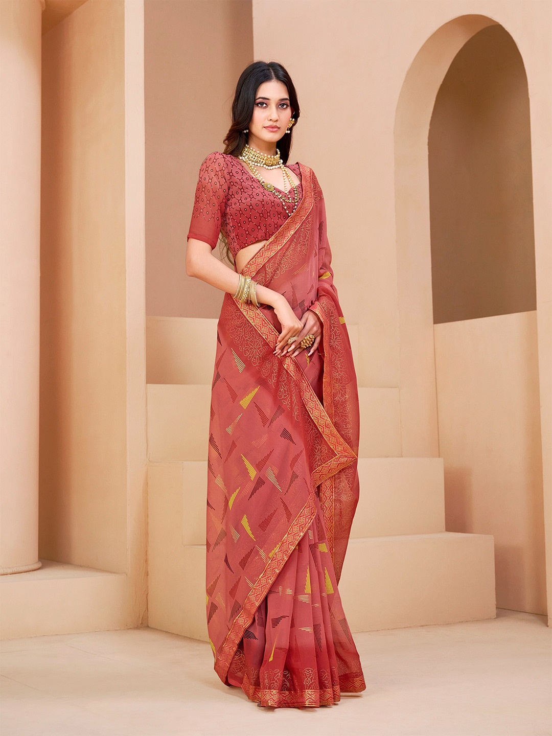

Dori Geometric Printed Pure Chiffon Saree, Pink