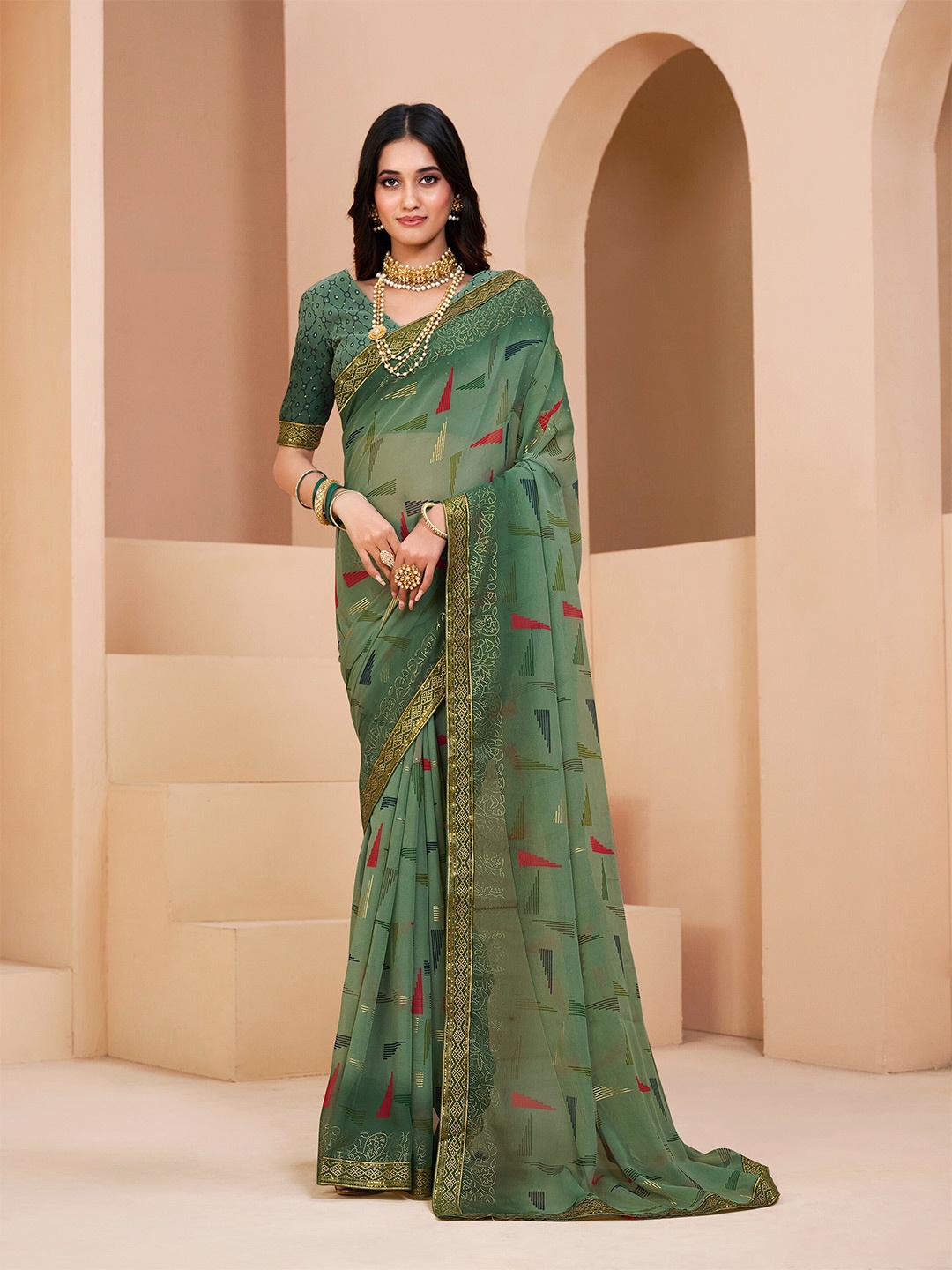 

Dori Geometric Printed Zari Pure Chiffon Saree, Green