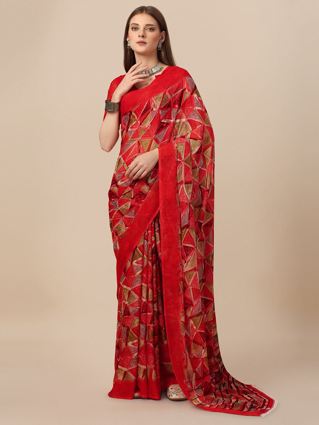 

Dori Geometric Printed Pure Georgette Saree, Red