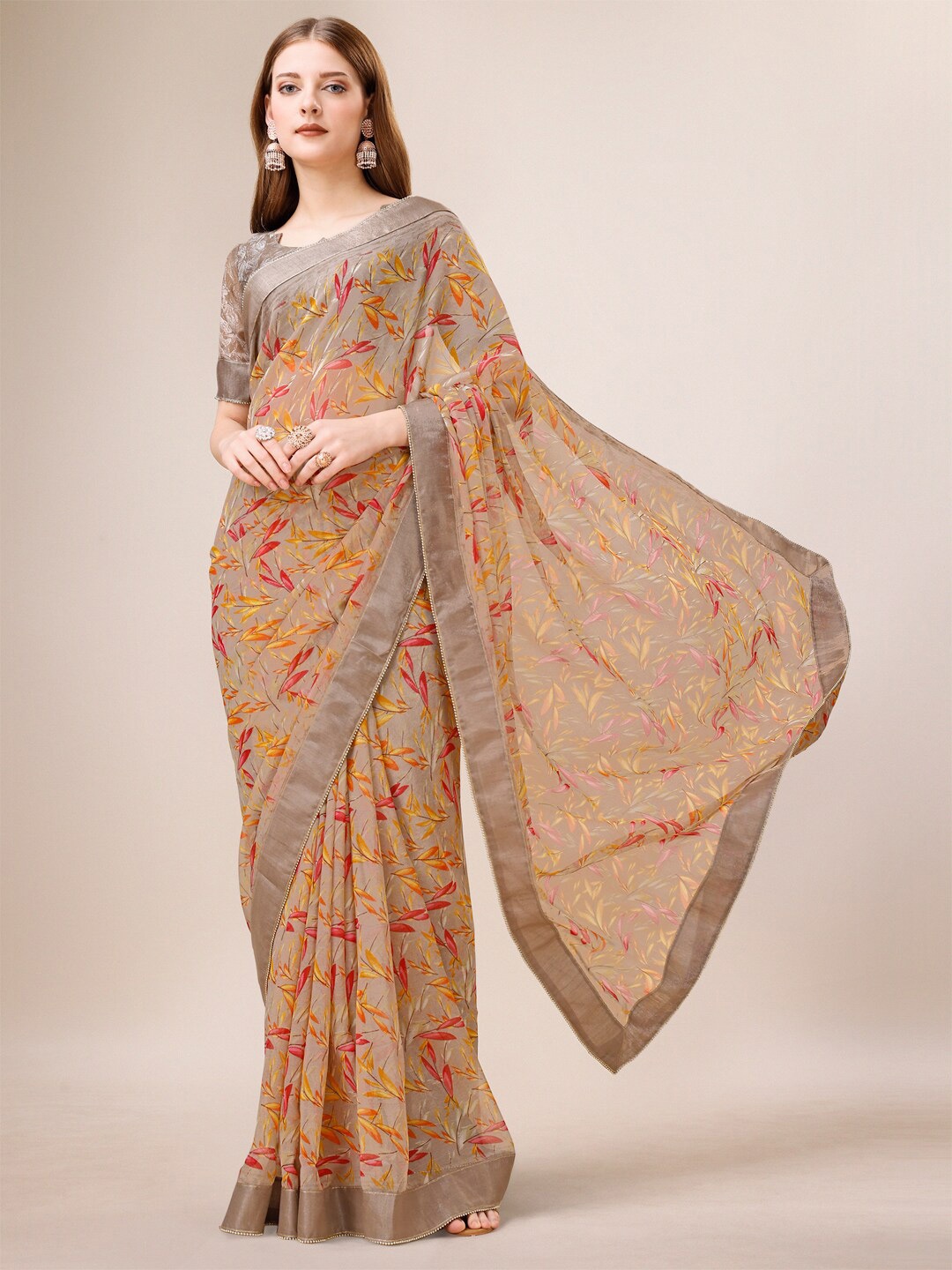 

Dori Floral Printed Pure Chiffon Saree, Beige