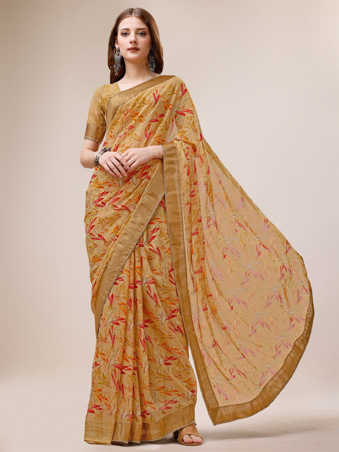 

Dori Floral Printed Pure Chiffon Saree, Mustard