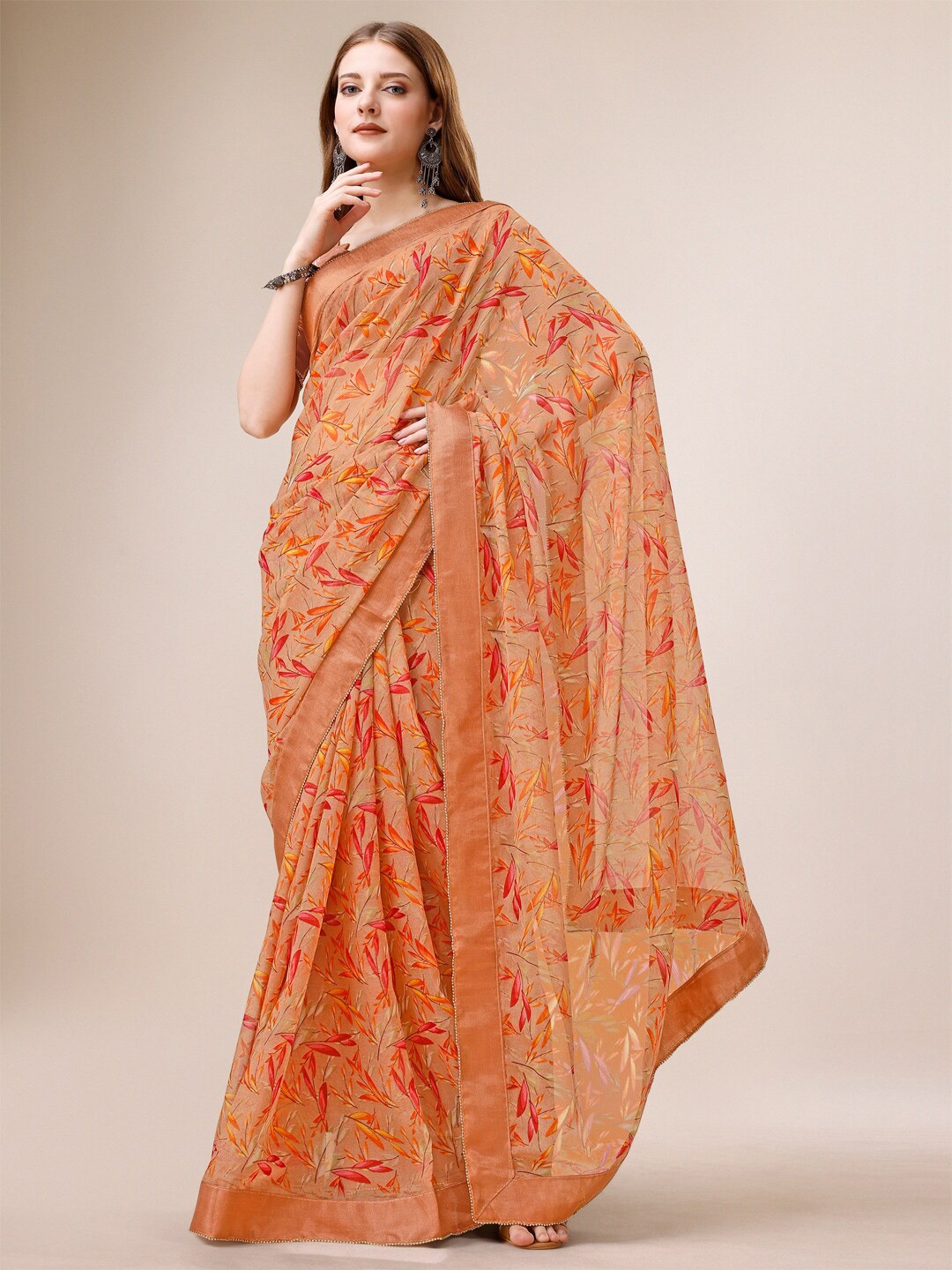 

Dori Floral Printed Pure Chiffon Saree, Orange