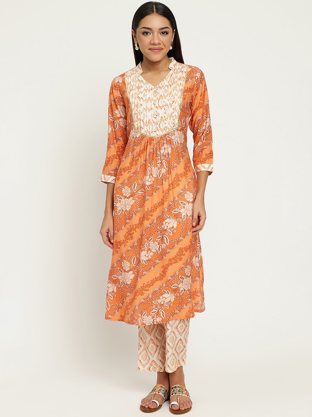 

Be Indi Women Floral Printed Straight Kurta Set with Trouser, Orange