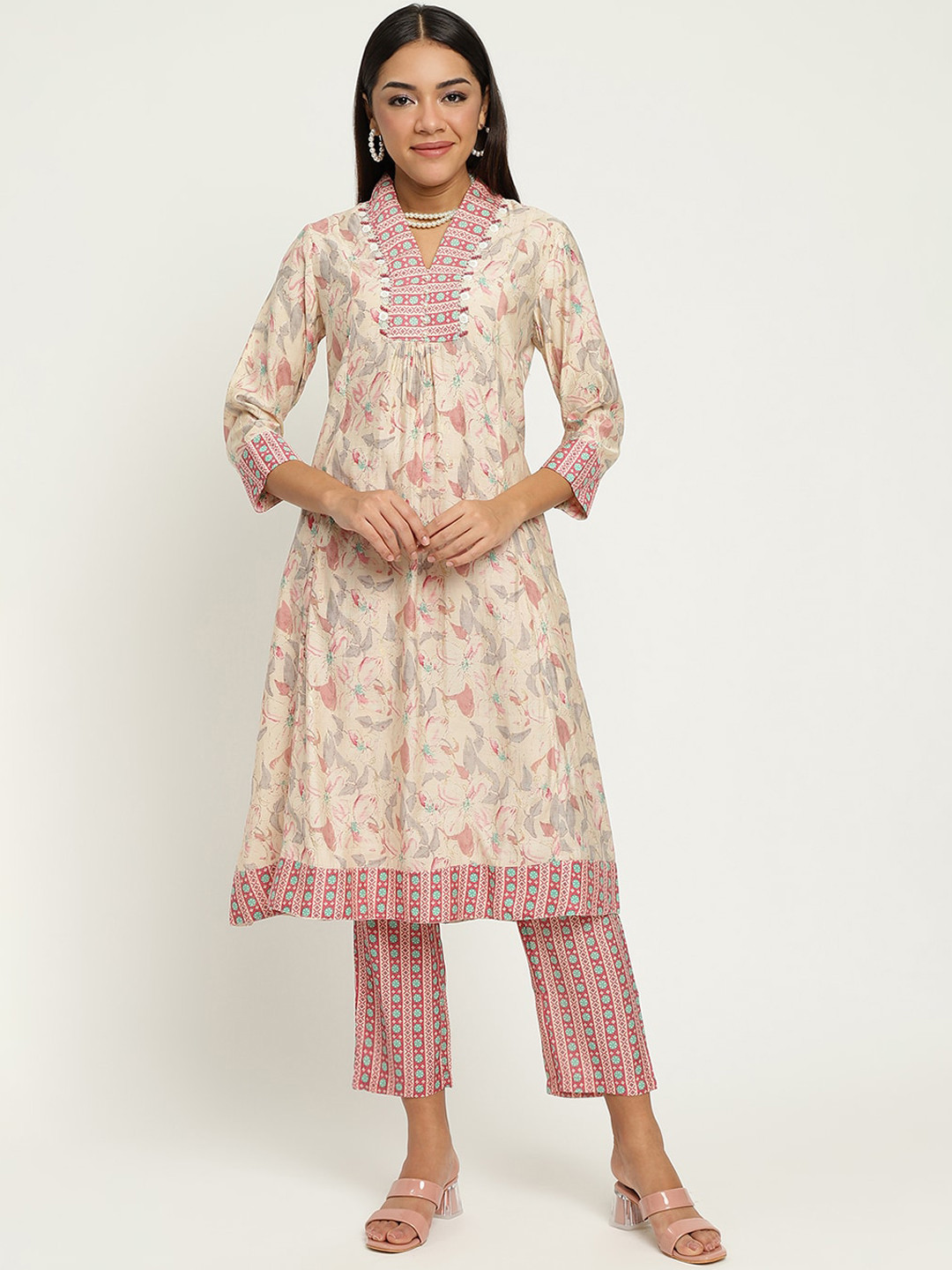 

Be Indi Women Floral Printed A-Line Silk Kurta Set with Trouser, Beige