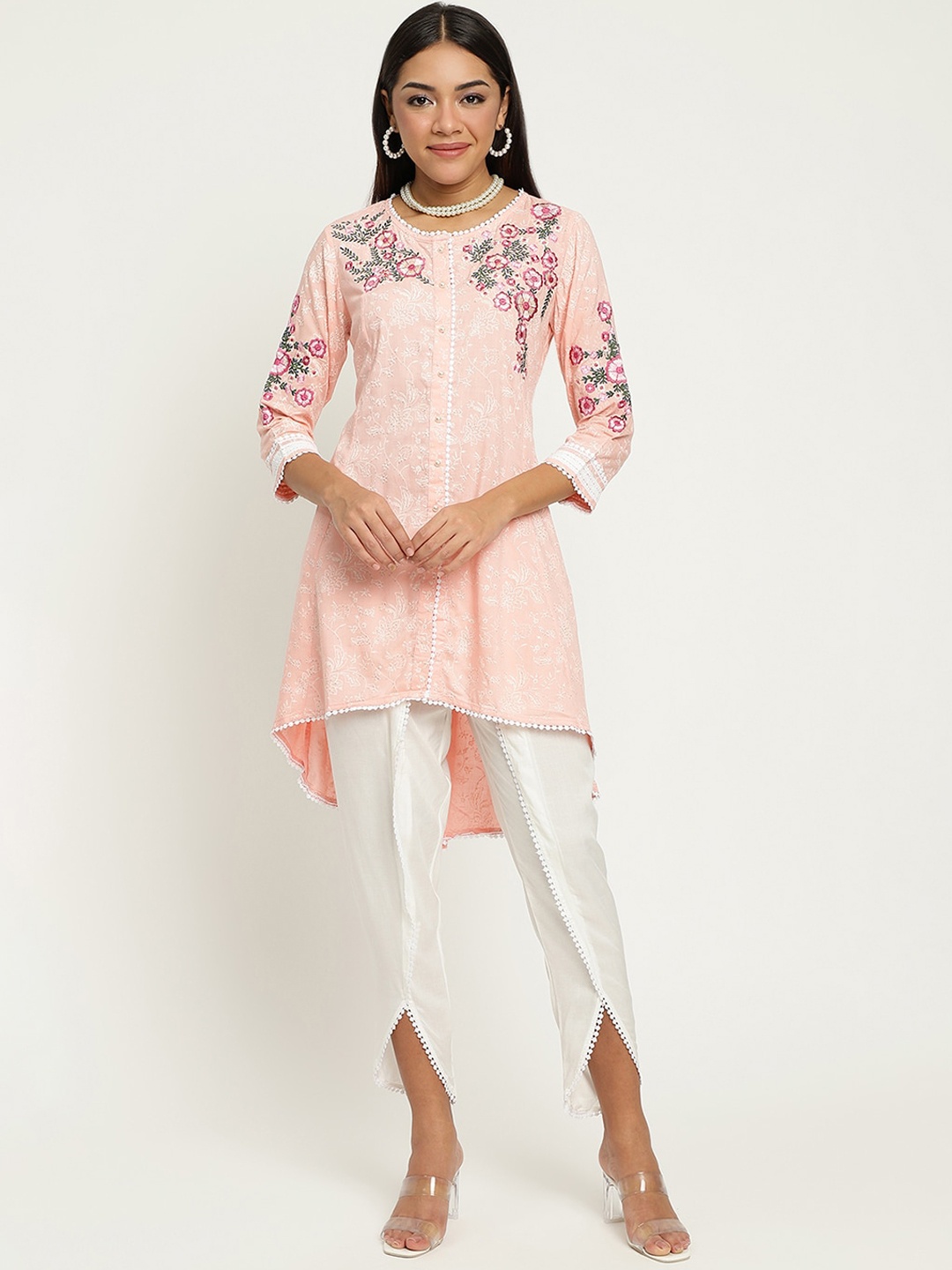 Be Indi Women Floral Embroidered A-Line Rayon Kurta Set with Dhoti Pant, Pink