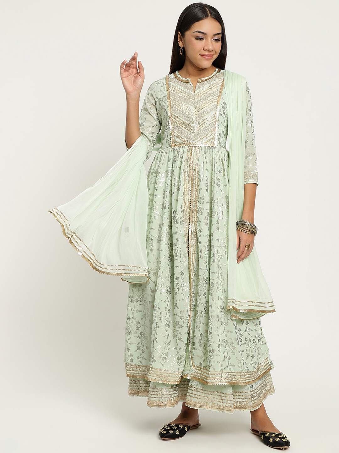 Be Indi Printed Anarkali Georgette Kurta Set with Sharara & Dupatta, Sea green