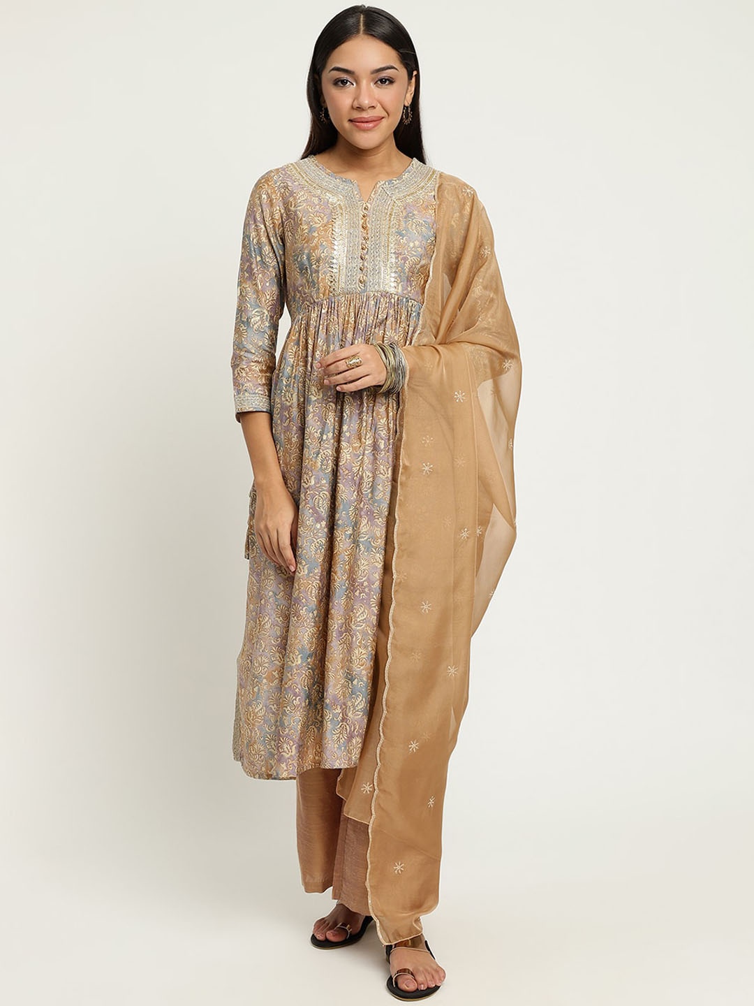 

Be Indi Women Ethnic Motifs Printed A-Line Kurta Set with Trouser & Dupatta, Beige