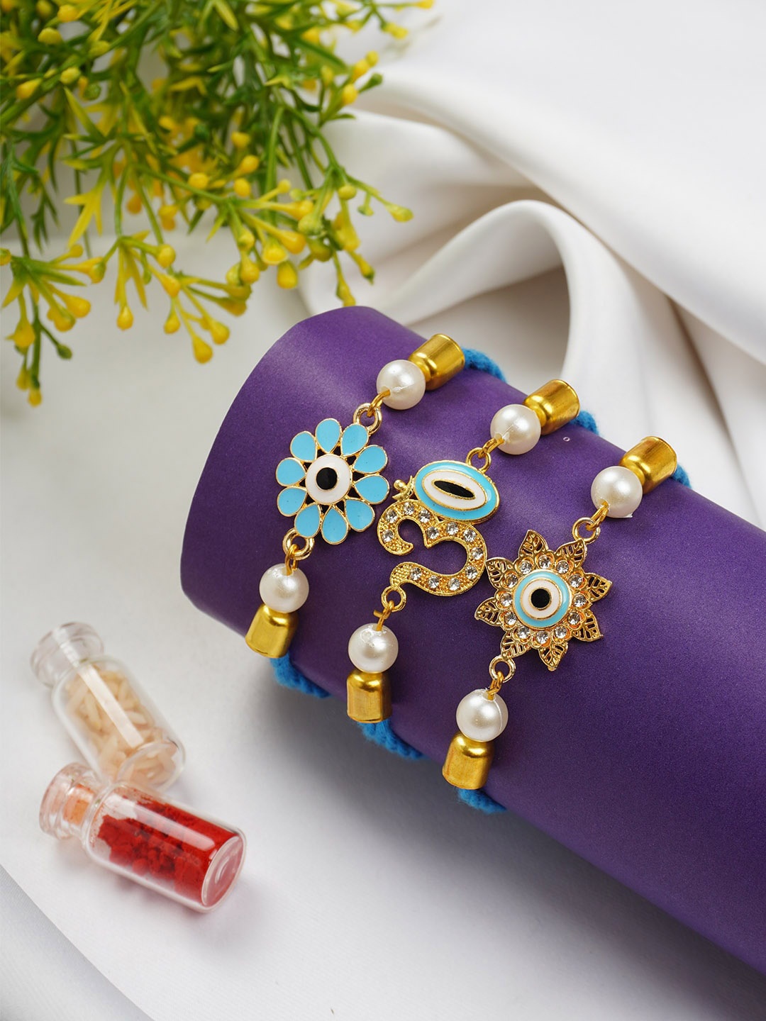 

Ferosh Set Of 3 Evil Eye Rakhis With Roli Chawal, Gold