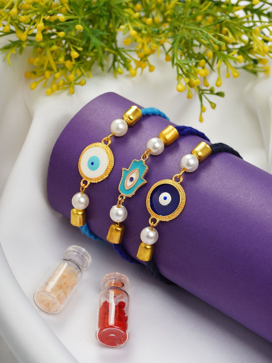 

Ferosh Set Of 3 Evil Eye Rakhis With Roli Chawal, Gold