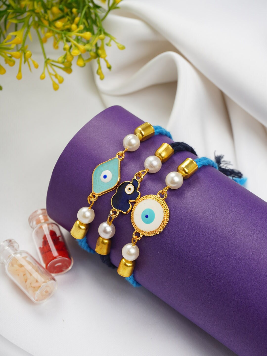 

Ferosh Set Of 3 Evil Eye Rakhis With Roli Chawal, Gold