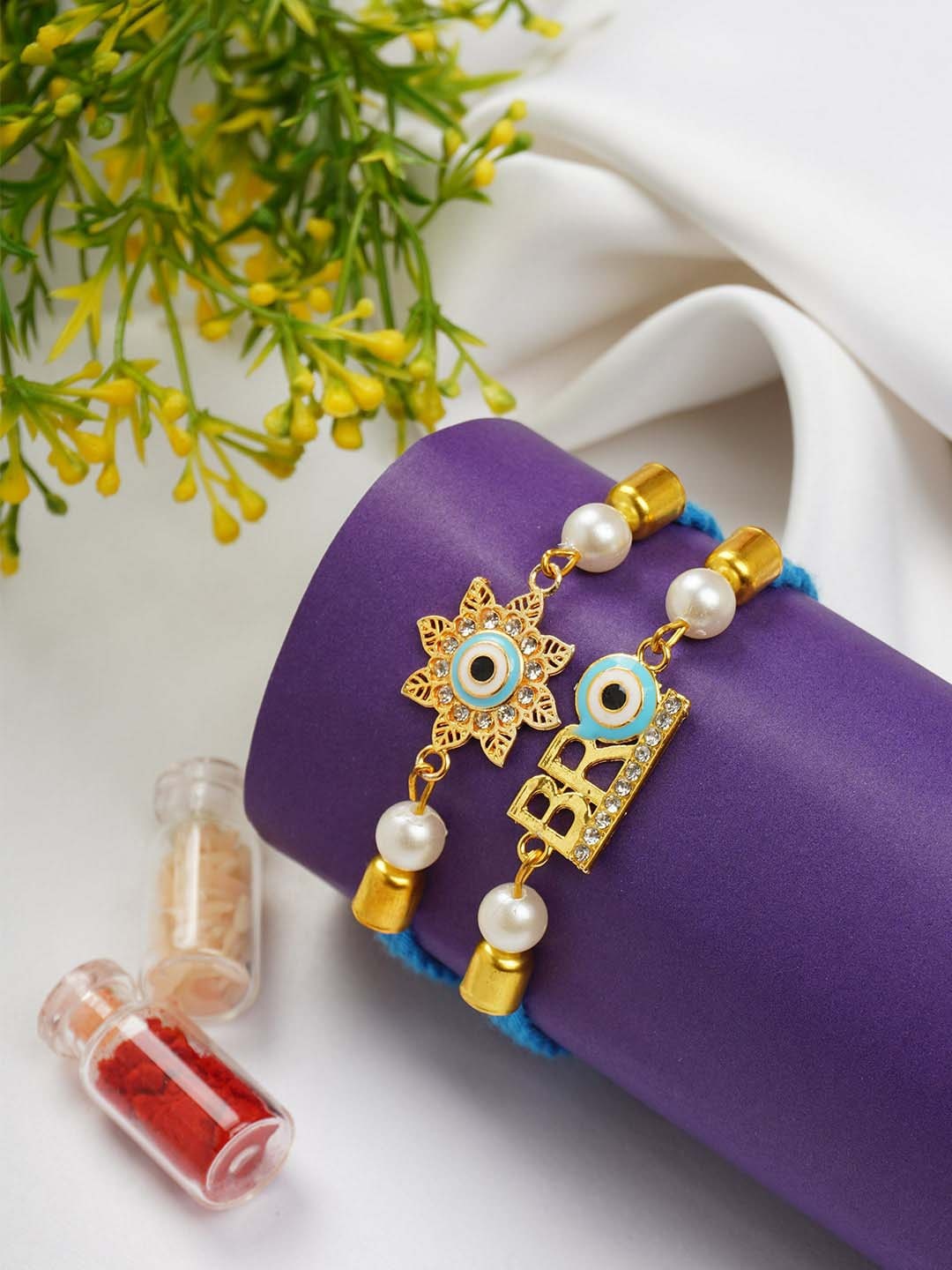 

Ferosh Set Of 2 Evil Eye Rakhis With Roli Chawal, Blue