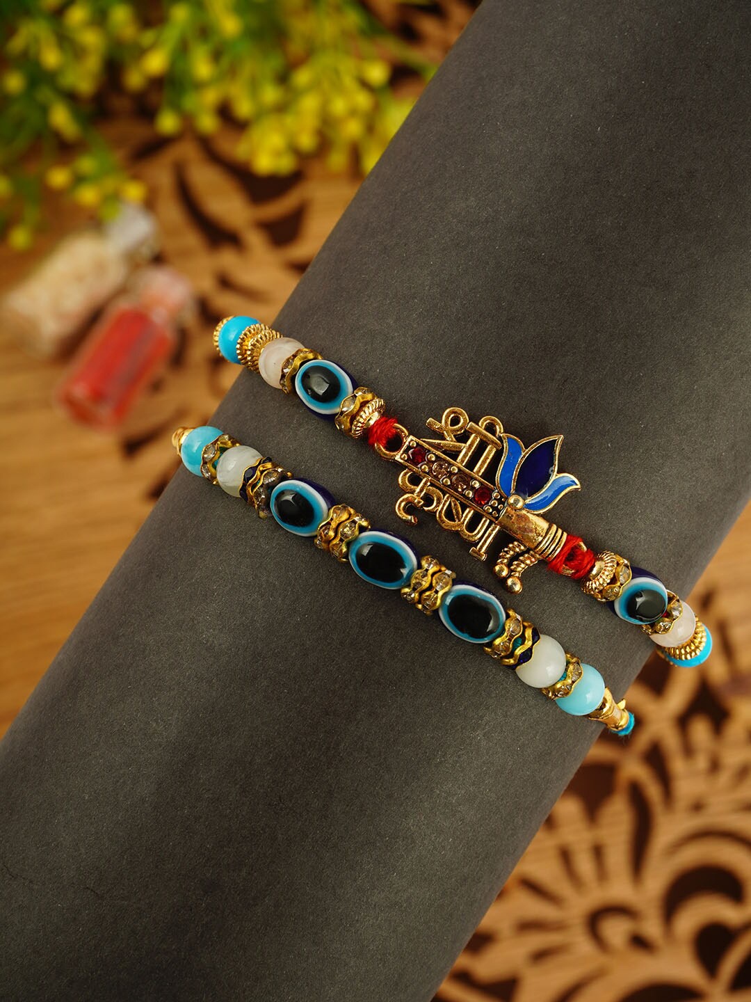 Ferosh Set Of 2 Beaded Lord Krishna & Evil Eye Rakhi With Roli Chawal, Gold