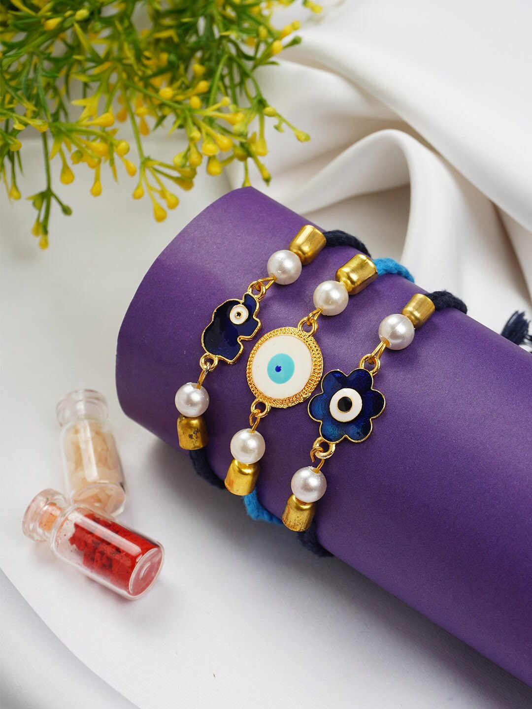 

Ferosh Set Of 3 Evil Eye Rakhis With Roli Chawal, Gold