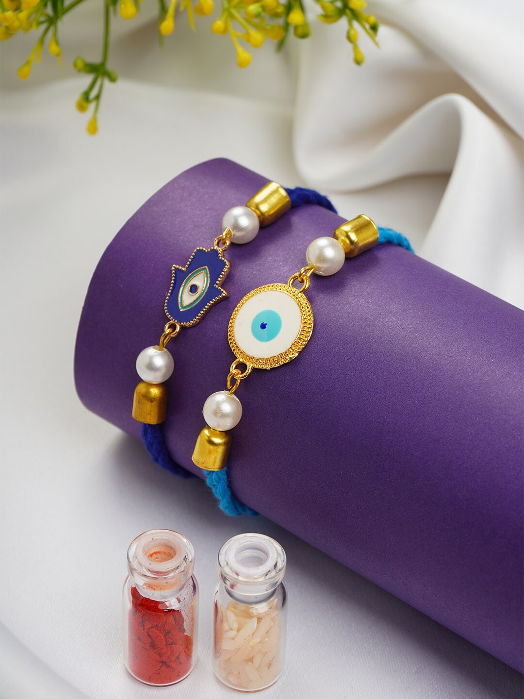 

Ferosh Set Of 2 Hamsa Hand Evil Eye Rakhi With Roli Chawal, Gold