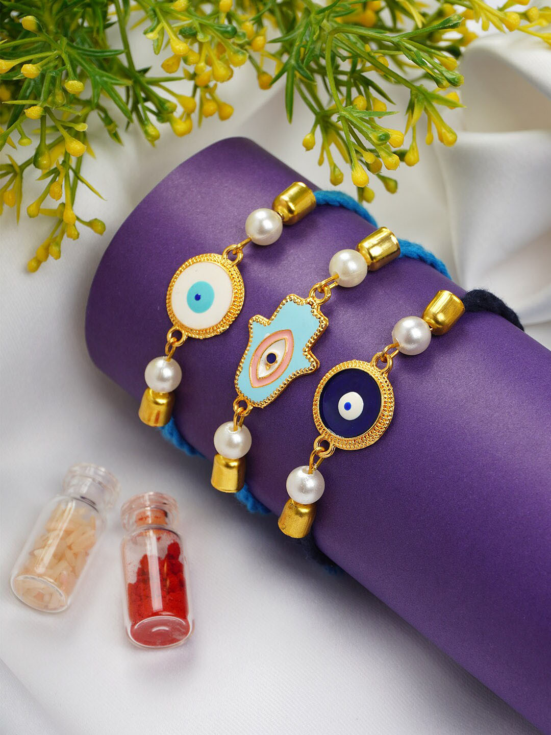 

Ferosh Set Of 3 Evil Eye Rakhis With Roli Chawal, Gold