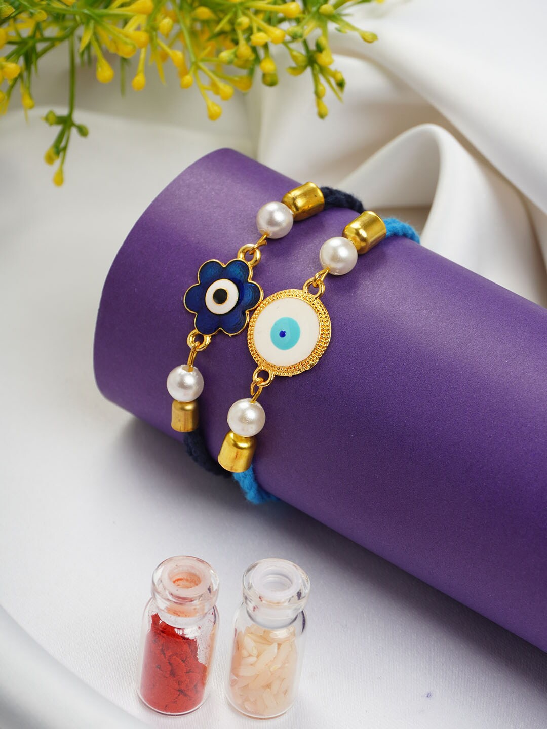 

Ferosh Set Of 2 Evil Eye Rakhis With Roli Chawal, Gold