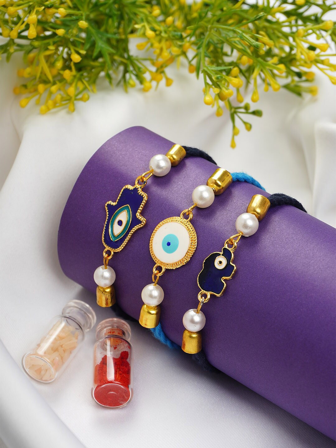 

Ferosh Set Of 3 Evil Eye Beaded Rakhis With Roli Chawal, Blue