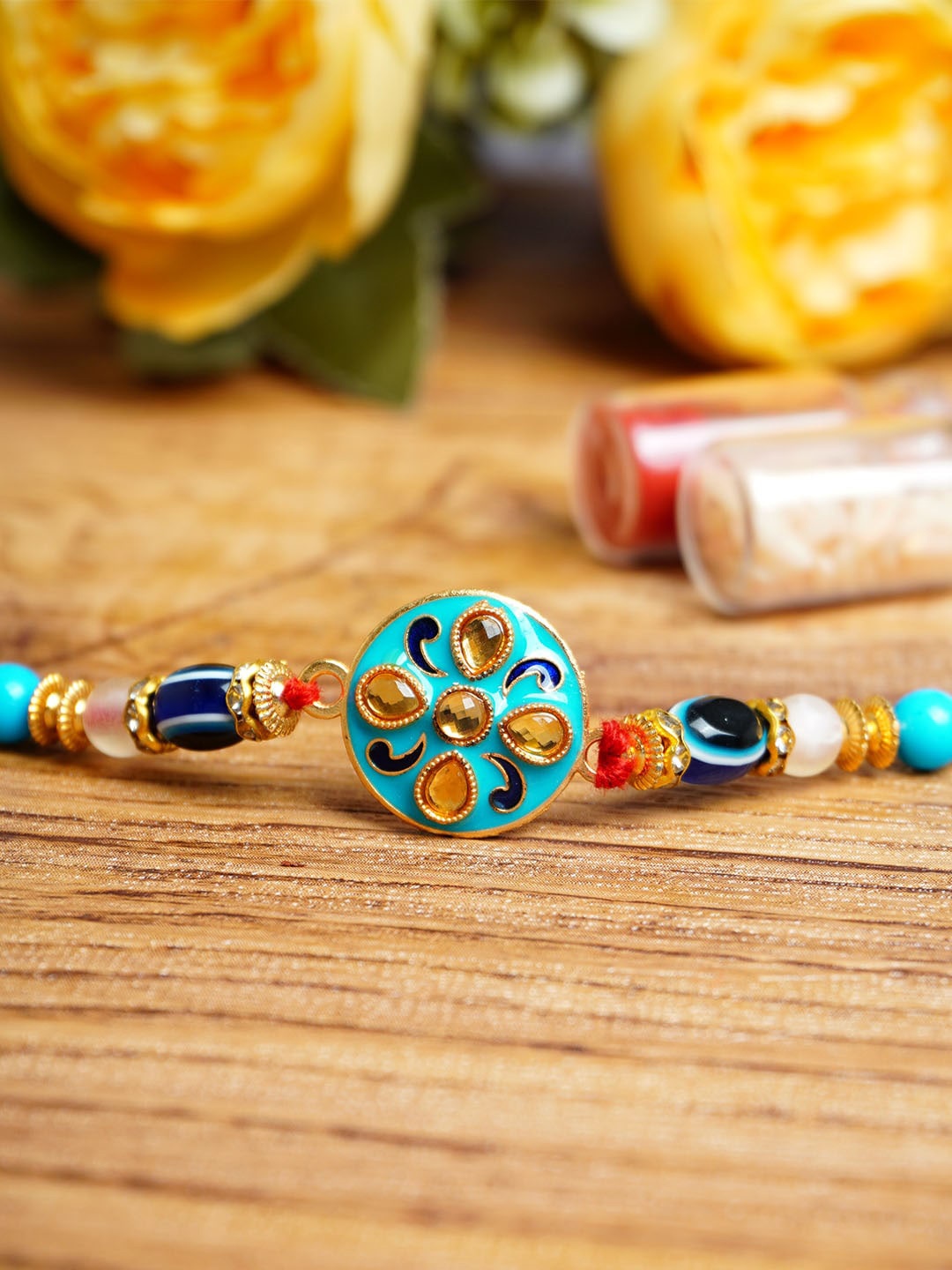 

Ferosh Stone-studded & Evil Eye Beaded Rakhi With Roli Chawal, Gold