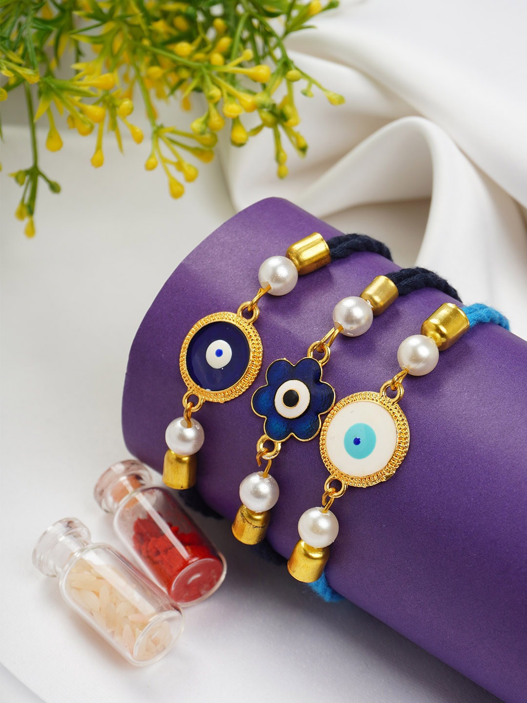 

Ferosh Set Of 3 Evil Eye Rakhis With Roli Chawal, Gold