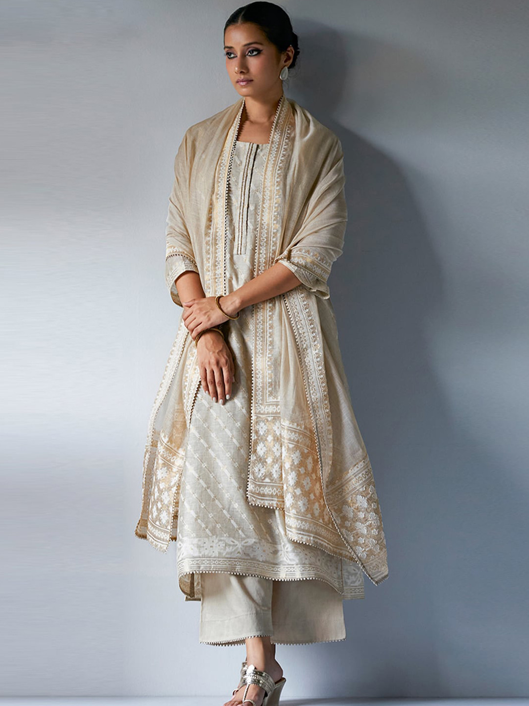 

Ganga Ethnic Motifs Woven Design Sequined Chanderi Cotton Kurta with Palazzos & Dupatta, Beige