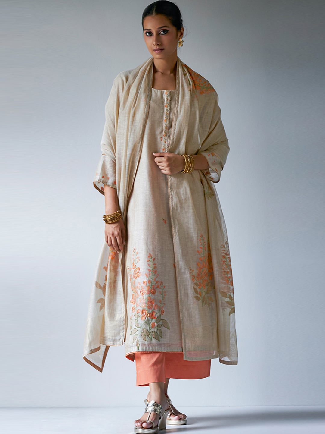 

Ganga Floral Printed Thread Work Chanderi Cotton Kurta with Palazzos & Dupatta, Beige