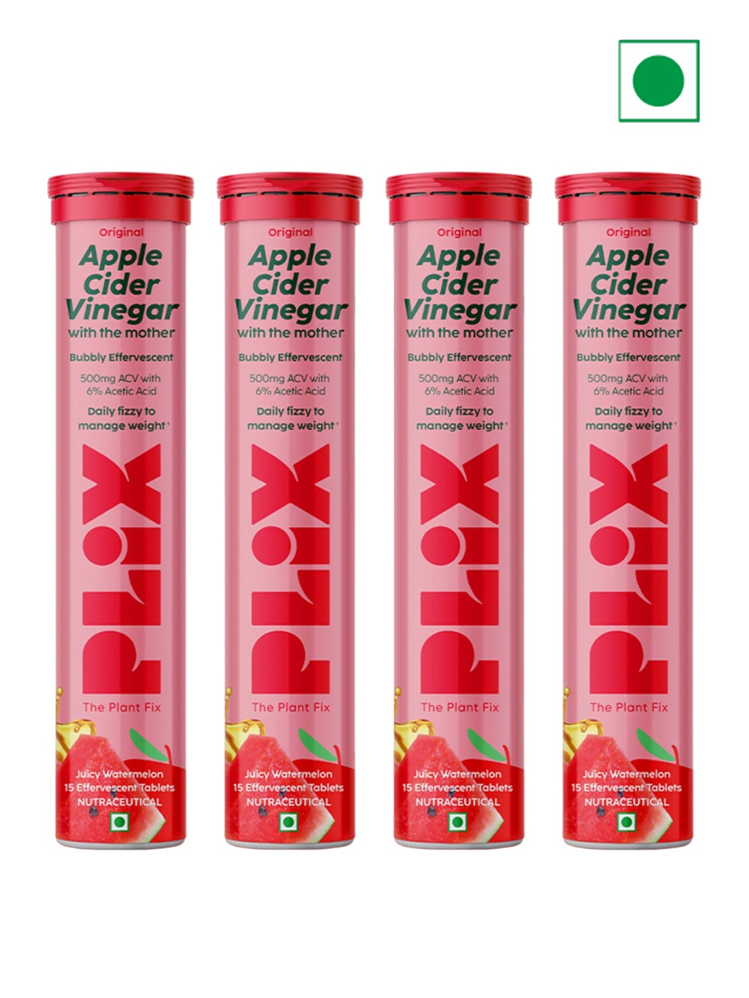 

PLIX THE PLANT FIX Set Of 4 Apple Cider Vinegar Tablet - Watermelon Flavour - 15 Tabs Each, Red