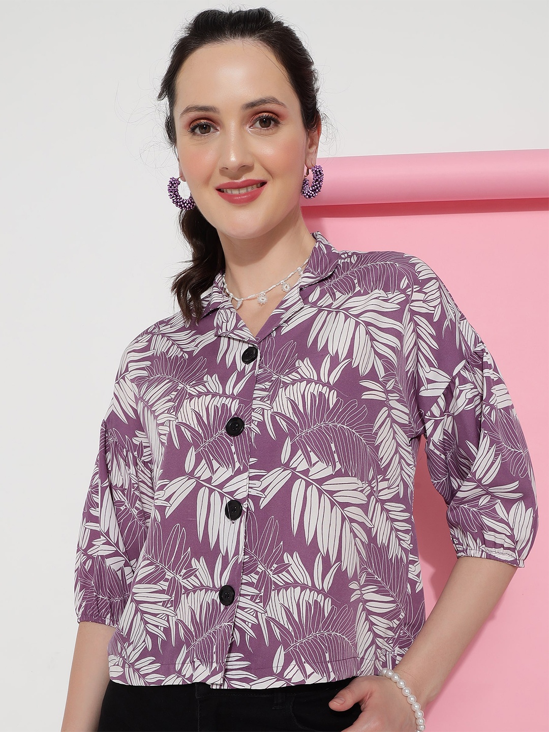 

J Turritopsis Classic Floral Printed Puff Sleeves Cuban Collar Casual Shirt, Lavender