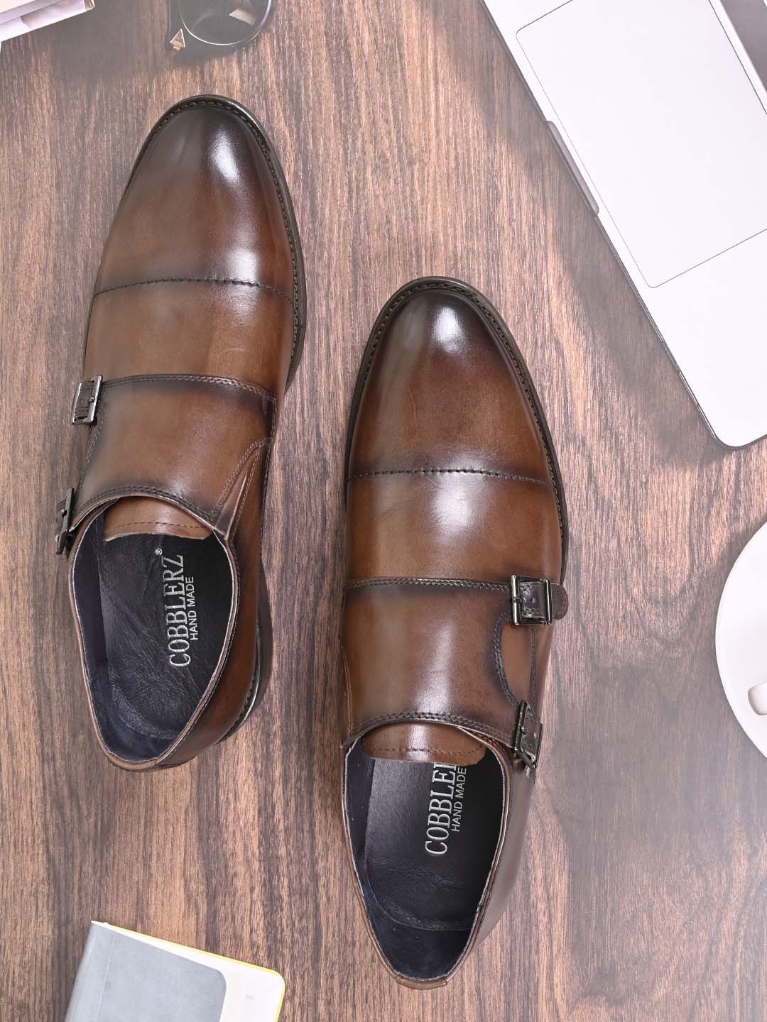 

Cobblerz Men Buckled Leather Formal Monk Shoes, Brown