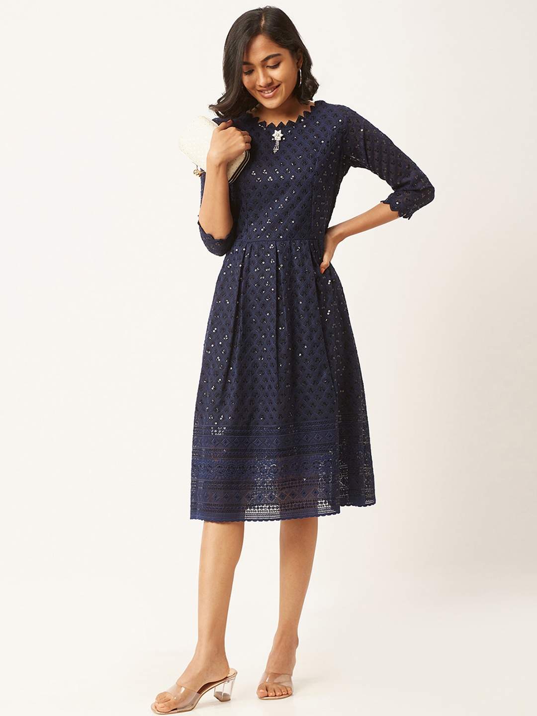 

ODETTE Sequined Embroidered Fit & Flare Midi Dress, Navy blue