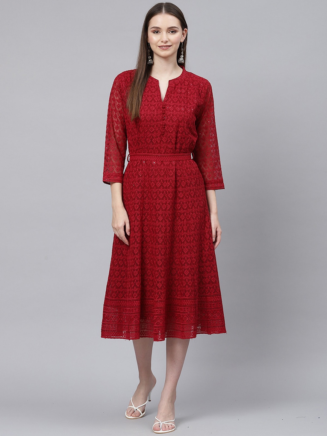 

ODETTE Sequined Embroidered Mandarin Collar A-Line Midi Dress, Maroon